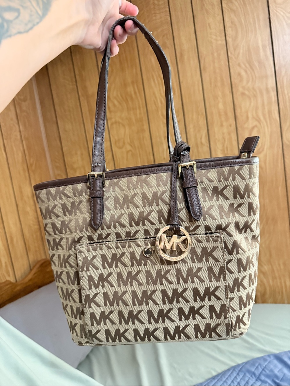 Michael Kors Brown and Beige MK Logo Tote with Gold Pendant